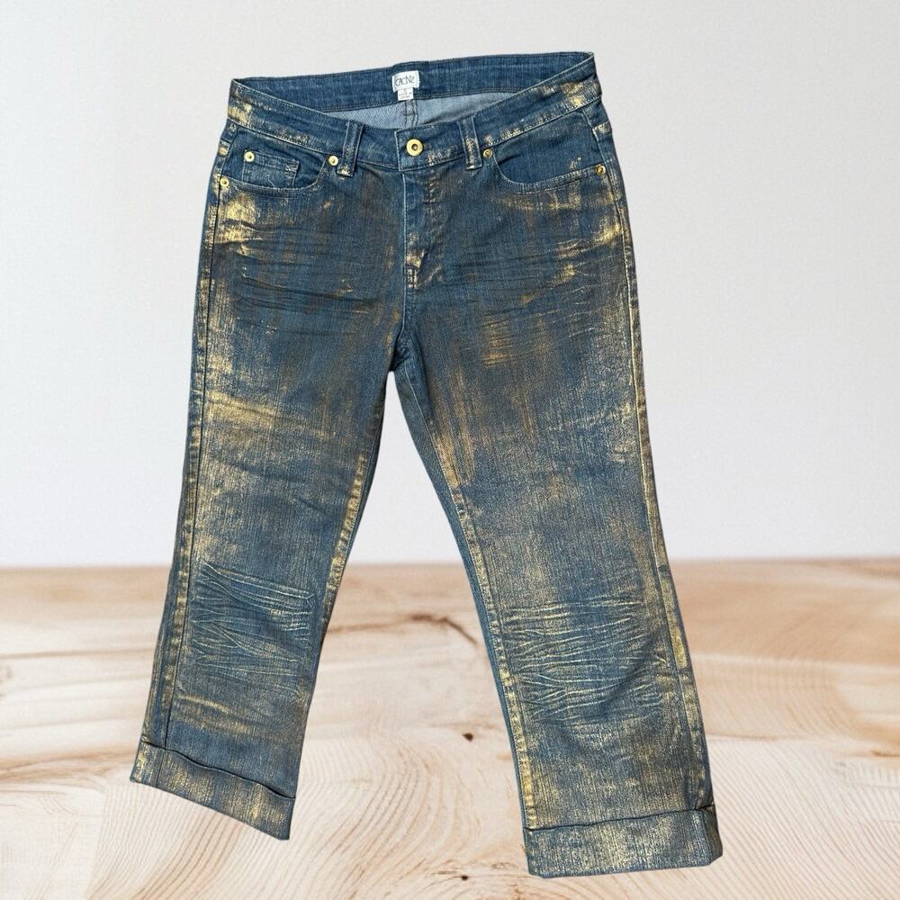 Cache Rose Gold Coated Wide Leg Jeans Sz 8 Womens 2” Cuff Festival‎ Streetwear